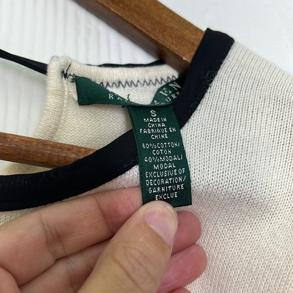 Lauren Ralph - Ivory Crewneck Black Contrast Trim Tie Back Lightweight Top Small - Picture 7 of 9